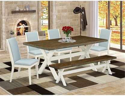 East West Furniture X077LA015-6 6 Piece Dining Set Contains a Rectangle Dining Room Table with X-Legs and 4 Baby Blue Linen Fabric Parson Chairs with a Bench, 40x72 Inch, Multi-Color
