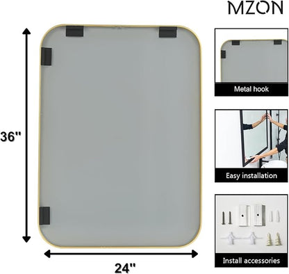 MZON 24x36 Inch Gold Bathroom Mirror – Brushed Gold Rectangular Vanity Mirror, Wall-Mounted, Anti-Rust Metal Frame, Tempered Glass, Vertical & Horizontal Hanging
