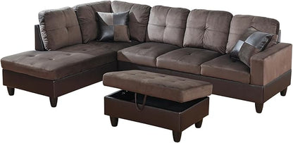 L Shaped Couch Upholstered Flannel Fabric 3 Pieces Sofas for Living Room with Chaise, Storage Ottoman for Office and Small Apartment, Dark Brown
