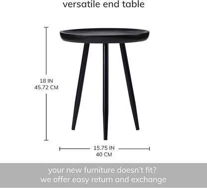 MH London Lydia Round Small End Table & Side Table Solid Wood, Black top with Black Metal Legs, Nightstand, 15.75"x15.75"x18"