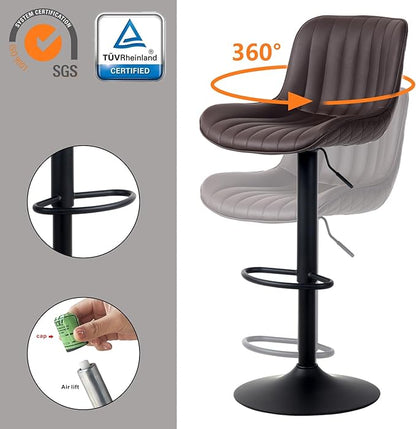 YOUNUOKE Counter Height Bar Stools Set of 2, Adjustable Swivel Stool Chairs with Back, Brown Faux Leather Upholstered, Mid-Century Modern Barstools for Kitchen Island, Dining Room, Home Bar, Bistro