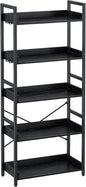 Rolanstar Bookshelf 5 Tier with 4 Hooks, Industrial Wood Bookcase, Vintage Storage Rack with Open Shelves, Rustic Standing Bookshelves Metal Frame Display Rack for Living Room, Bedroom, Black