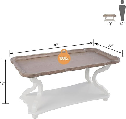 Function Home Farmhouse Coffee Table, Rustic White Cocktail Table with Storage Shelf, Sofa Table with Natural Tray Top and Carved Legs for Living Room Furniture Dining Room, Vintage White