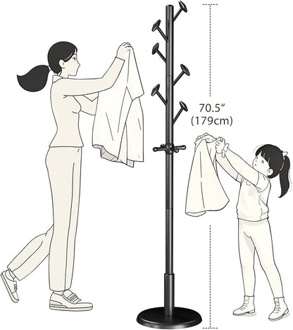 Solid Wood Coat Rack Freestanding Coat Tree with 10 Hooks for Bedroom, Livingroom, Entryway, Sturdy Coat Hanger Stand for Hats, Coats, Scarves, Handbags, Purses