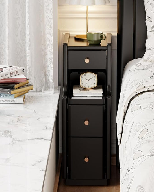 Narrow Nightstand with 3 Drawers,Solid Wood Narrow Bedside Tables, Small Bedside Tables,Modern Slim Small Nightstand for Bedroom(Black)