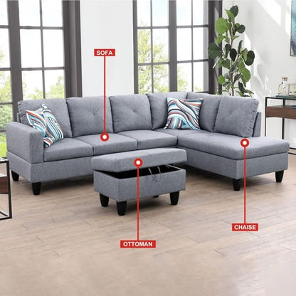 Grey L-Shaped 3-Piece Linen Sofa with Storage Ottoman Set, Sectional Couch Sofa Set for Living Room, Office, Small Space