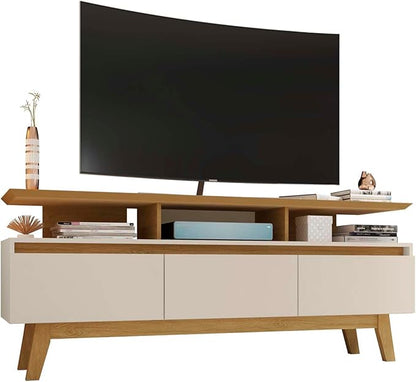 Manhattan Comfort Yonkers 63 Inch Mid Century Modern TV Stand with Storage, 3 Flip Down Door, Hole for Wire Management, Fits Up to 60" Television, Durable & Versatile Console Table, Off White/Cinnamon