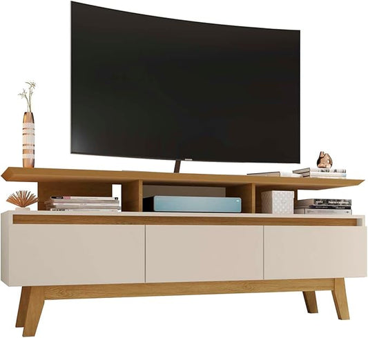 Manhattan Comfort Yonkers 63 Inch Mid Century Modern TV Stand with Storage, 3 Flip Down Door, Hole for Wire Management, Fits Up to 60" Television, Durable & Versatile Console Table, Off White/Cinnamon