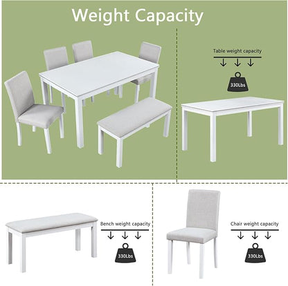 soges 6 Piece Wooden Dining Table Set, Dining Room Table with 4 Upholstered Chairs and Bench, Rectangular 6-Person Kitchen Dining Table Set with Crystal Decoration, White