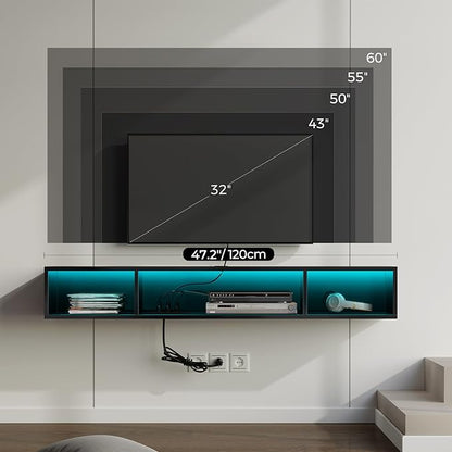 Rolanstar TV Stand with Power Outlet, Floating TV Stand with RGB Lights, 47.2" Wall Mounted TV Shelf, Glossy Black Media Console with Storage Shelf, Entertainment Under TV for Living Room, Bedroom
