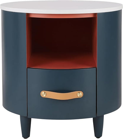 Merax Round Nightstand with Storage Drawer, MDF Contemporary Modern Bedside Table with Open Storage Shelf, Curved Design Sofa End Table for Bedroom & Living Room, Easy Assembly, Blue