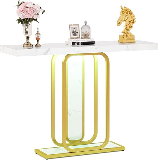 LITTLE TREE Modern Entryway Console Table with LED Lights, White and Gold