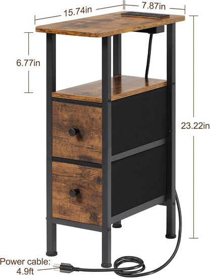 Narrow End Table Living Room with Charging Station, Skinny Side Table with Fabric Drawers, Slim Nightstand for Bedroom, Small Spaces, Couch, Brown, HETNDP02BR-1