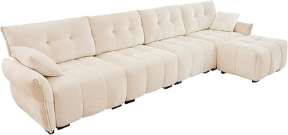 Modern Chenille Fabric 4-Seat Sofa w/Ottoman+2 Pillows, Premium Upholstery Living Room Couch with Tufted Backrest & Comfortable Armrests and High-Resilience Memory Foam Cushions,White