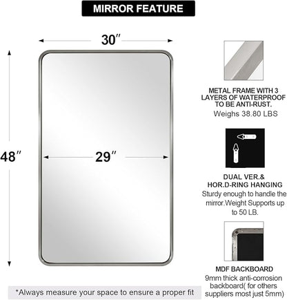 ANDY STAR 30x48 Inch Brushed Nickel Bathroom Mirror, Rounded Corner Brushed Silver Mirror, SUS304-Anti-Rust Metal Tube Frame Wall Mounted Horizontal/Vertical 1’’ Deep