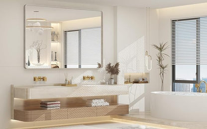 55x36 Inch Brushed Nickel Bathroom Mirror, Large Brushed Silver Metal Framed Wall Mirror, Rounded Corner Rectangle Modern Vanity Mirror, Tempered Glass, Anti-Rust, Shatterproof (Horizontal/Vertical)