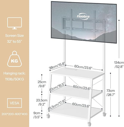 HOOBRO Rolling TV Stand with Mount and Power Outlet Up to 55 inch TV, Corner Entertainment Center, Small TV Stand with 3-Tier Storage Shelves for Living Room, Bedroom, White WW66UDS01