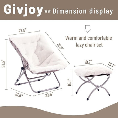 Comfy Folded Chair with Ottoman, Oversized Folding Faux Fur Chair Soft Furry Lounge Lazy Chair with Metal Frame Moon Chair Accent Chair for Bedroom, Living Room, Dorm Rooms