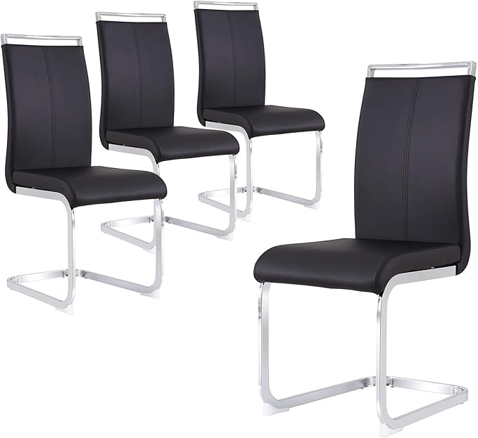 Dining Chairs Set, Kitchen Modern Metal Chairs with Faux Leather Padded Seat High Back and Sturdy Chrome Legs, Chairs for Dining Room (Black, Set of 4)