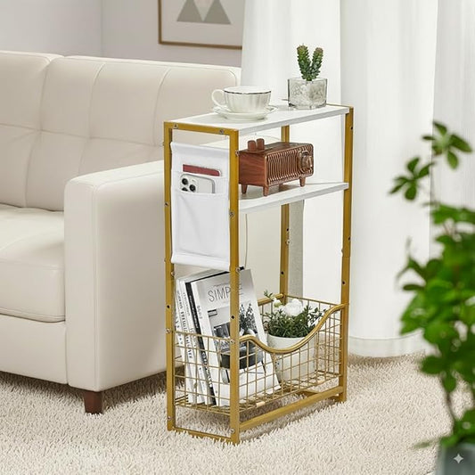 Narrow Side Table, Skinny Small End Tables with Magazine Holder, 3 Tier Small Sofa Side Table for Smalls Spaces, Sofa Couch Tables Bedside Table for Living Room Bedroom Office