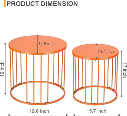 LEWIS&WAYNE Outdoor Side Table Set of 2, Metal Circle Accent End Tables for Balcony Backyard Garden Indoor Living Room, Durable Nesting Coffee Tables, 20”+16” Dia, Orange