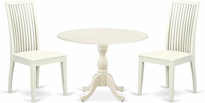 East West Furniture DMIP3-LWH-W 3 Piece Kitchen Table & Chairs Set Contains a Round Dining Table with Dropleaf and 2 Dining Room Chairs, 42x42 Inch, Linen White