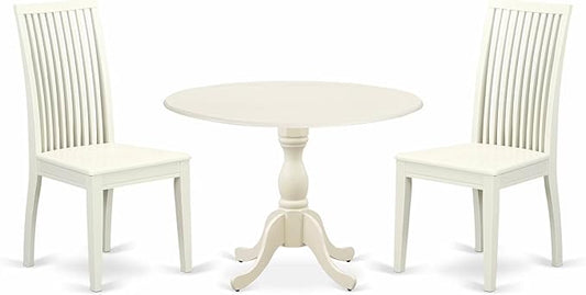 East West Furniture DMIP3-LWH-W 3 Piece Kitchen Table & Chairs Set Contains a Round Dining Table with Dropleaf and 2 Dining Room Chairs, 42x42 Inch, Linen White