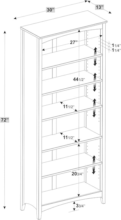 Camaflexi Shaker Style 6 Shelf Bookcase / Solid Wood / 72 inch Tall / Adjustable Shelving / Closed Back / Display Bookshelf for Living Room, Bedroom, Home and Office, Cherry