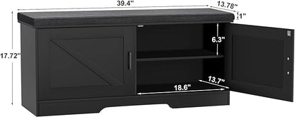 2-Tier Storage Bench, Shoe Bench with Padded Seat Cushion, Entryway Bench with 2 Barn Doors, Adjustable Shelf, 13.8" D x 39.4" W x 17.7" H, for Entryway, Living Room, Bedroom, Black