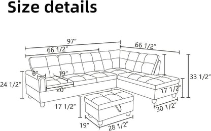 L Shaped Sectional Couches for Living Room, Modern Modular Sectional Sofa with Ottoman Storage, Comfy L Shaped Couch with Chaise for Bedroom Apartment Furniture, Brown