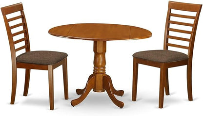 East West Furniture DLML3-SBR-C 3 Piece Dining Set Contains a Round Dining Room Table with Dropleaf and 2 Linen Fabric Upholstered Kitchen Chairs, 42x42 Inch, Saddle Brown