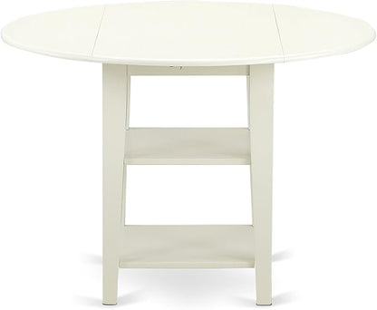 East West Furniture SUDA5-LWH-C 5 Piece Kitchen Table Set for 4 Includes a Round Dining Room Table with Dropleaf & Shelves and 4 Linen Fabric Upholstered Chairs, 42x42 Inch, Linen White