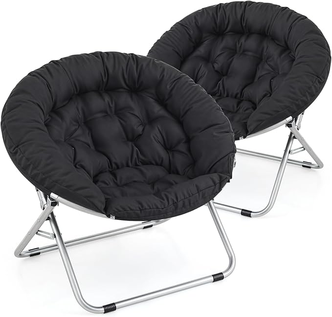 MoNiBloom Round Folding Saucer Chairs Set of 2 for Bedroom Living Room Dorm Foldable Metal Frame Comfy Soft Lounge Lazy Cozy Moon Chairs for Teens (Black)