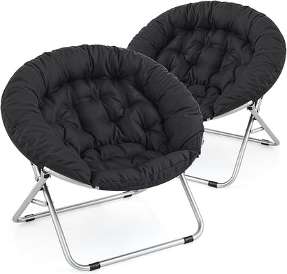 MoNiBloom Round Folding Saucer Chairs Set of 2 for Bedroom Living Room Dorm Foldable Metal Frame Comfy Soft Lounge Lazy Cozy Moon Chairs for Teens (Black)