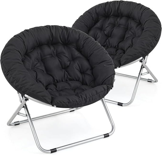 MoNiBloom Round Folding Saucer Chairs Set of 2 for Bedroom Living Room Dorm Foldable Metal Frame Comfy Soft Lounge Lazy Cozy Moon Chairs for Teens (Black)
