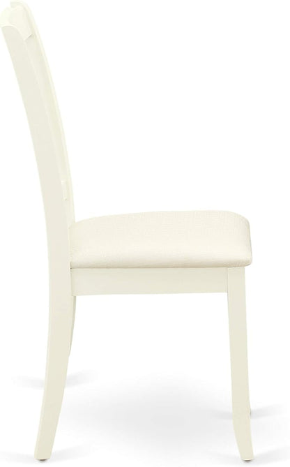 East West Furniture SUDA5-LWH-C 5 Piece Kitchen Table Set for 4 Includes a Round Dining Room Table with Dropleaf & Shelves and 4 Linen Fabric Upholstered Chairs, 42x42 Inch, Linen White
