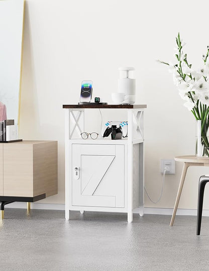 Wooden Nightstand with Lock, Bed Side Table with Drawers, Bedside Table with Charging Station, 3 USB & 2 Outlets, Night Stand with Storage, End Tables for Living Room, Bedroom, Dorm, Walnut