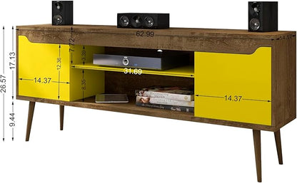 Manhattan Comfort Bradley Mid Century Modern TV Stand for Televisions up to 60 Inches, Living Room Entertainment Center with Storage, Media Shelves and Soft Close Doors, Rustic Brown/Yellow