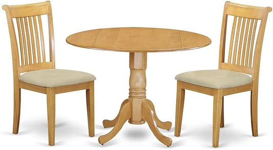 East West Furniture DLPO3-OAK-C 3 Piece Dining Set Contains a Round Dining Table with Dropleaf and 2 Linen Fabric Kitchen Room Chairs, 42x42 Inch, Oak