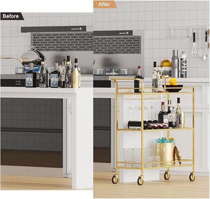 Gold Bar Cart, Home Bar Serving Cart with Handle, Wine Cart with 3-Tier Glass Shelves, Beverage Cart with Wine Rack and Glass Holder, Bar Carts for The Home, Dining Room, Living Room