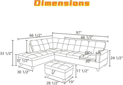 L Shaped Sectional Couch with Otttoman, 97" Sectional Sofa for Living Room Flannel Modular Couches with Cup Holders for Bedroom, Apartments, Red