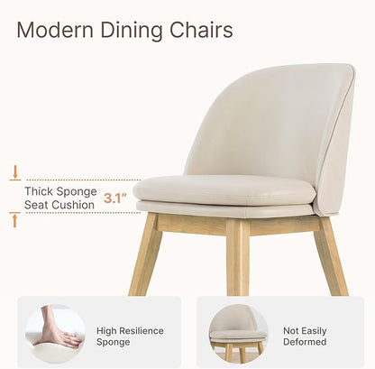 Wooden Dining Chairs Set of 2, Faux Leather Upholstered Modern Dining Room Chairs with Double-Layer Thick Seat Cushion & Ergonomic Backrest for Restaurant, Kitchen and Café, Beige