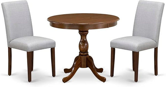 East West Furniture AMAB3-AWA-05 3 Piece Kitchen Table Set for Small Spaces Contains a Round Dining Room Table with Pedestal and 2 Grey Linen Fabric Parsons Chairs, 36x36 Inch, Walnut