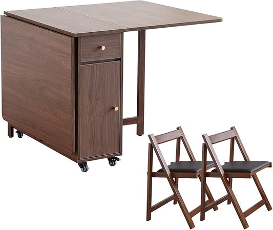 Walnut Drop Leaf Folding Dining Table with 2 Drawers and 4 Wheels, Wooden Padded Chairs Set of 2, Space Saving Dining Table with 2 Chairs