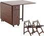 Walnut Drop Leaf Folding Dining Table with 2 Drawers and 4 Wheels, Wooden Padded Chairs Set of 2, Space Saving Dining Table with 2 Chairs