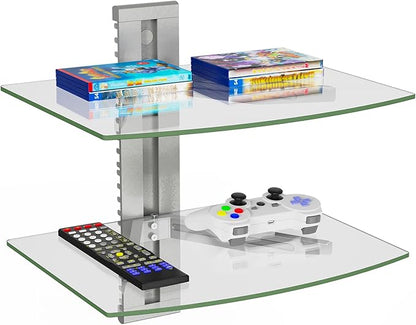 WALI Floating Entertainment Center Shelves, Holds Up to 17.6lbs, TV Shelf with Strengthened Tempered Glasses for DVD Players, Cable Boxes, Games Consoles, TV Accessories (CS202S), 2 Shelf, Silver