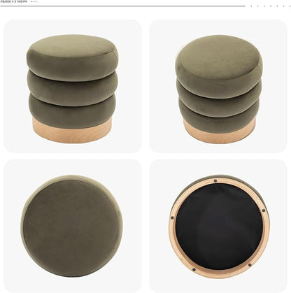 COLAMY Velvet Ottoman Footstool, Tufted Modern Foot Rest Stool with Wood Base for Living Room, Bedroom, Desk, Round Versatile Side End Table, Pouf, Makeup Seat, Green