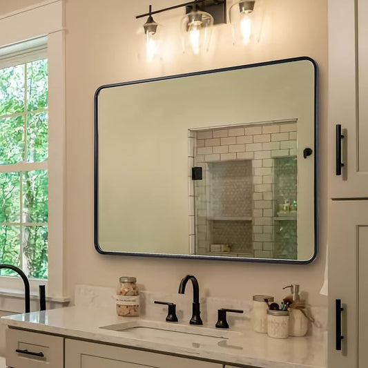 ANDY STAR Black Bathroom Mirror for Wall, 30 x 40 Inch Mirrors for Vanity, Rounded Rectangle Mirror, Black Metal Framed Mirror Wall Mounted Horizontal Or Vertical