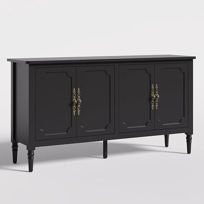 Console Cabinet, 58'' Mid Century Modern Pantry Sideboard, Wood Buffet Cabinet, Media Cabinet with 4 Doors, Accent Cabinet for Entryway, Living Room, Dining Room (Black)