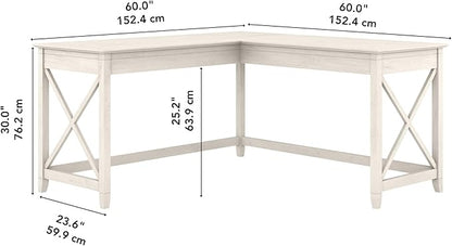 Bush Furniture Key West 60W Modern Farmhouse L Shaped Desk in Linen White Oak | 60-Inch Corner Table for Home Office